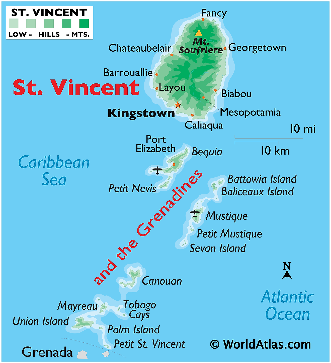 Physical Map of St. Vincent and The Grenadines showing relief, islands, ports, airport, important settlements, etc.