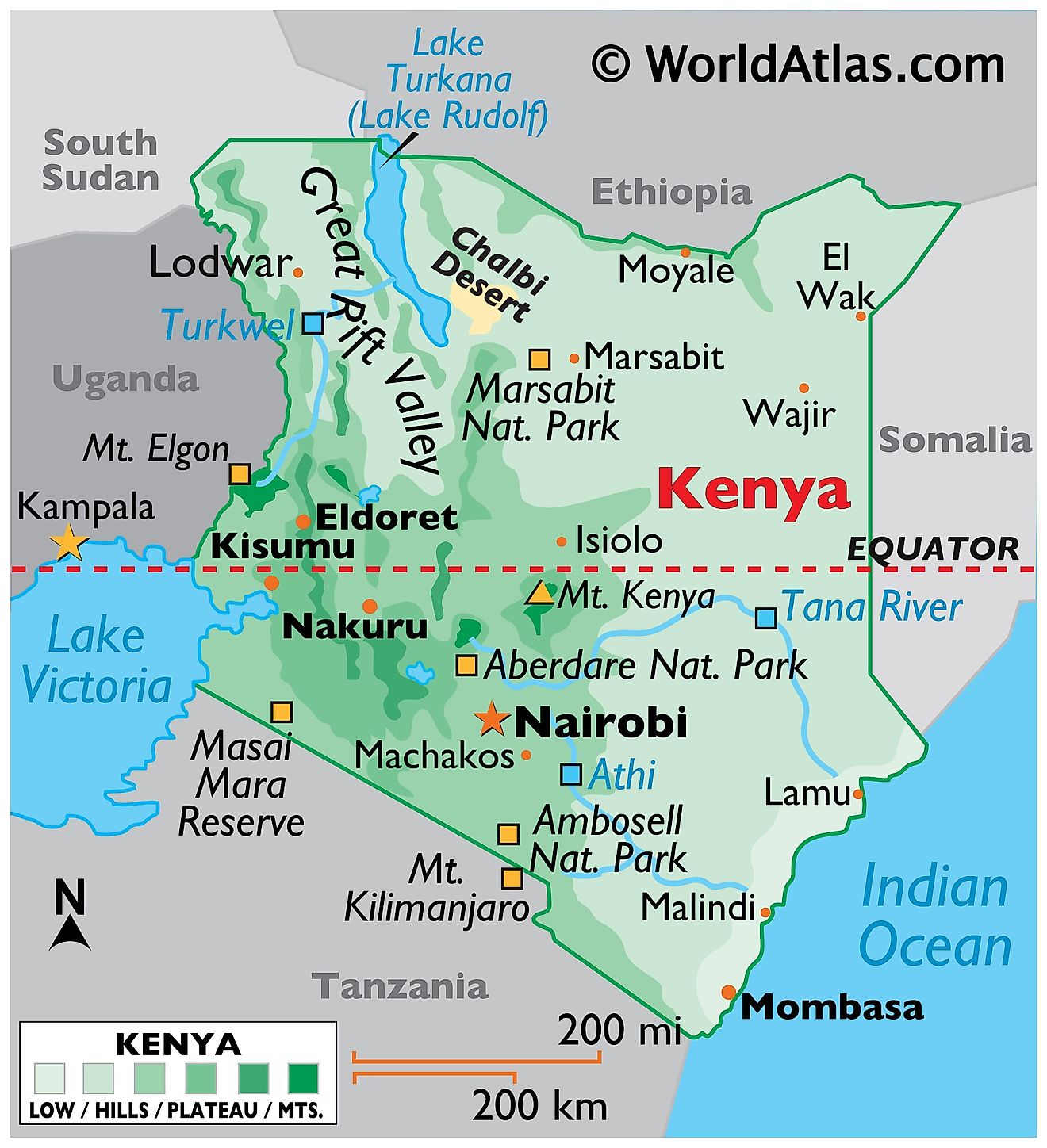 Physical Map of Kenya displaying state boundaries, relief, major rivers and lakes, Mount Kenya, the Great Rift Valley, major cities and national parks.