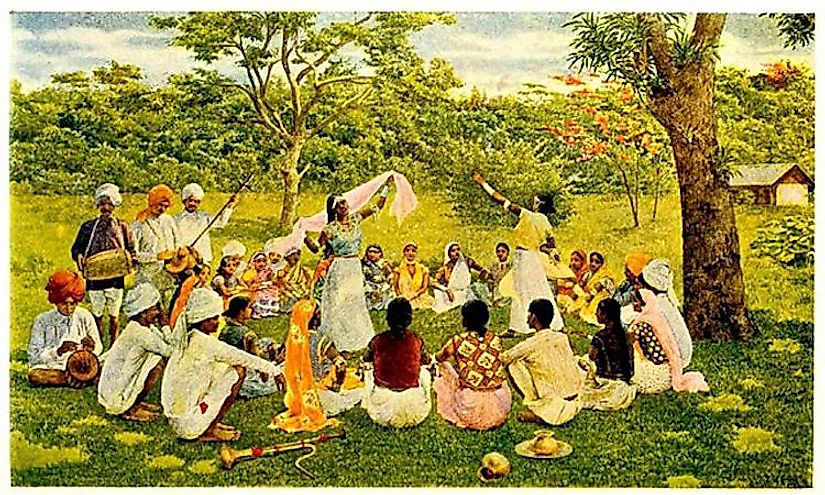 A gathering of Indian coolies in a plantation.