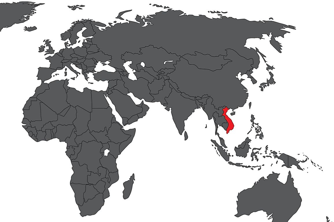 Vietnam covers an area of 127,888.9 square miles on the Indochina Peninsula of Southeast Asia.