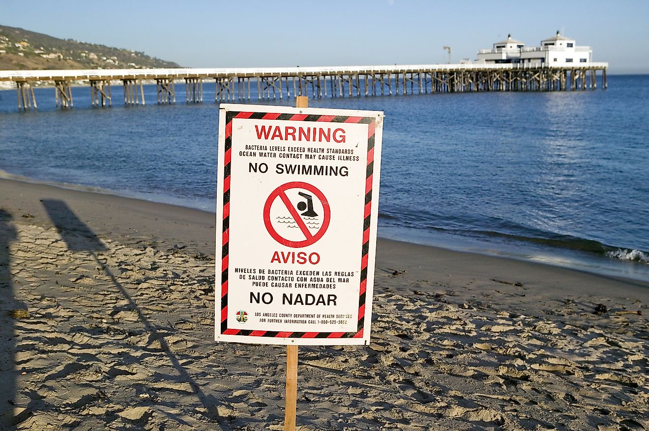 A "Warning - No Swimming"sign due to pollution at a Malibu beach, Malibu, California. Image credit: Joseph Sohm/Shutterstock.com