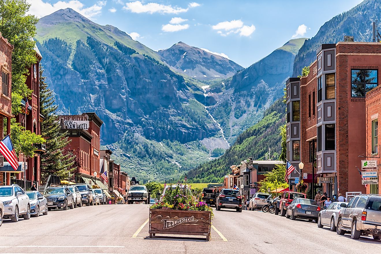 Telluride, Colorado: Small town with city sign, historic architecture, and mountain view. Editorial credit: Kristi Blokhin / Shutterstock.com