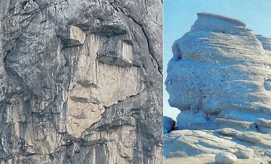 The face of the Heathen Maiden in Slovenia (left) and the head of the Sphinx of Romania (right).