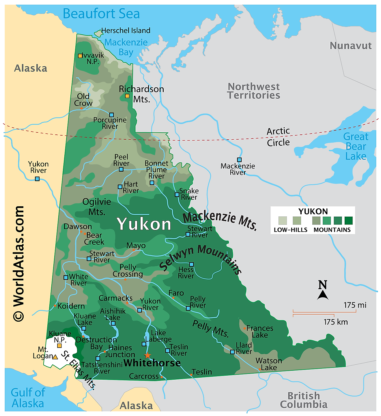 Physical Map of Yukon. It shows the physical features of Yukon, including mountain ranges, significant rivers and major lakes. 