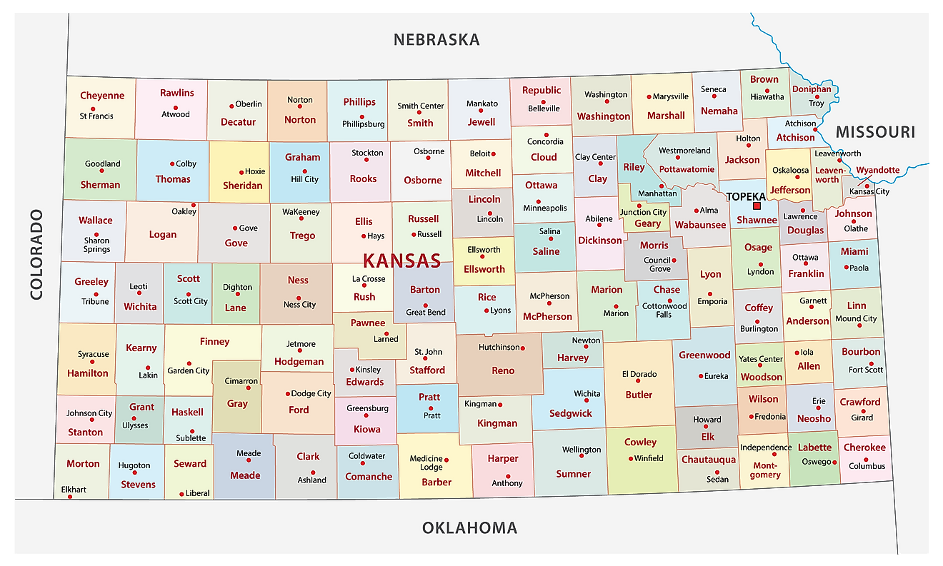 Administrative Map of Kansas showing its 105 counties and the capital city - Topeka