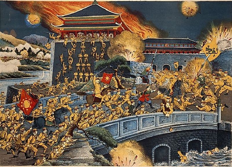 Imperial Chinese soldiers being overcome by rebels during the toppling of the Qing Dynasty during the Xinhai Revolution of 1911.