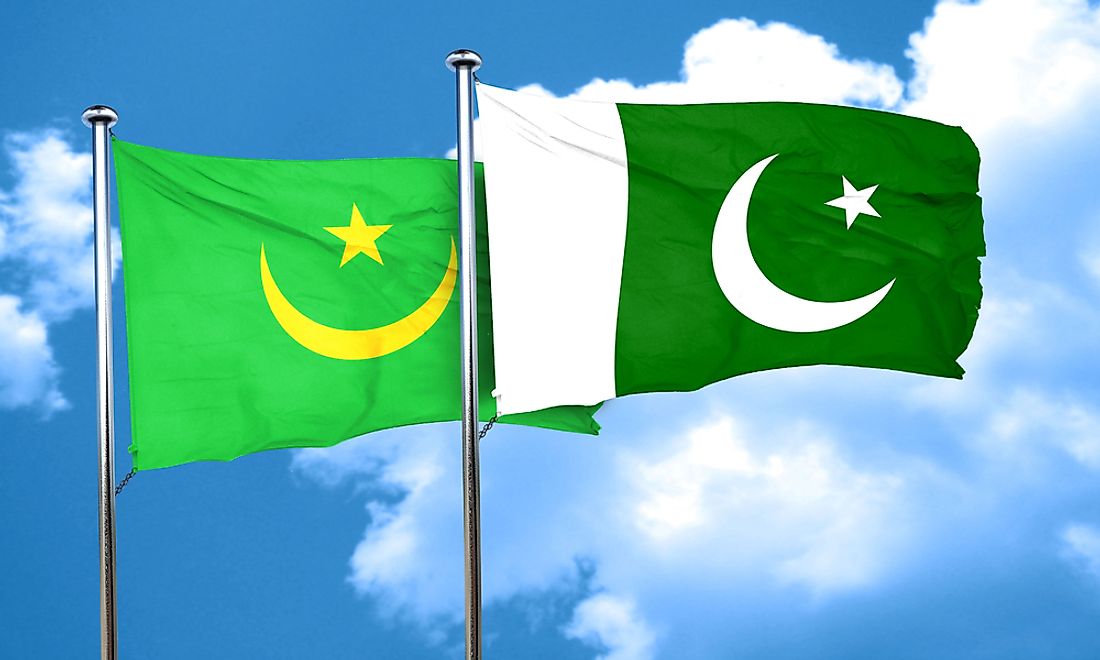 The flags of both Mauritania (left) and Pakistan (right) reflect the Islamic religion using the color green as well as a cresent and star.