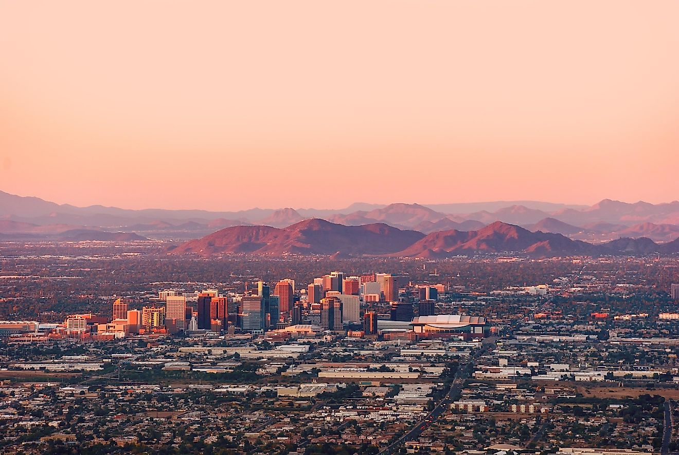 Phoenix Arizona the hottest major city with its downtown lit by the last rays of sun at the dusk.