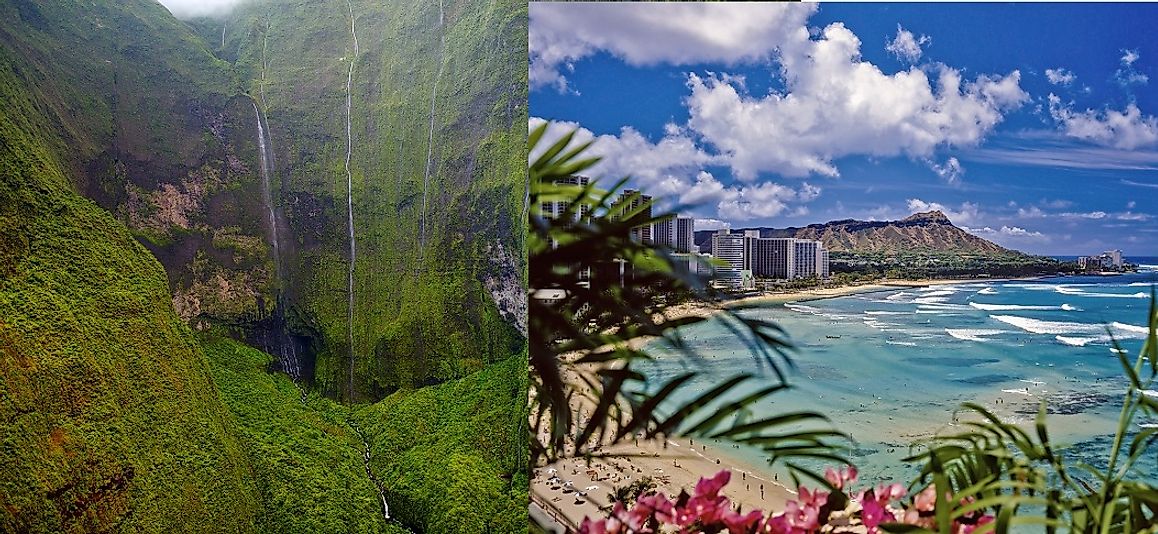 Due to the orographic effect, Mount Wai’ale’ale (left) remains one of the wettest places on earth, while nearby Waikiki below it (right) remains much drier.