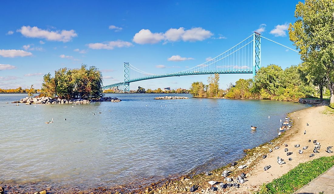 The Ambassador Bridge border crossing between Canada and the United States. The USA is Canada's only neighbor by land. 