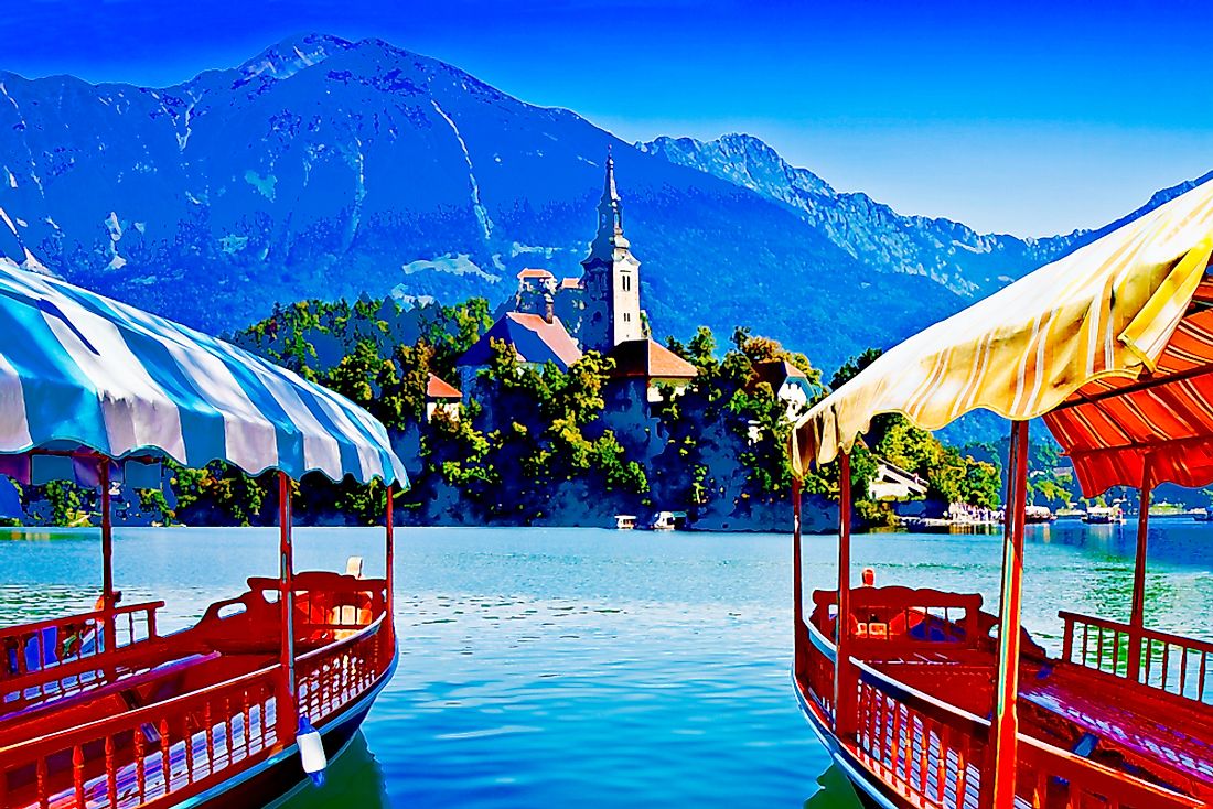 Traditional "pletna" boats at Bled Lake, Slovenia. 