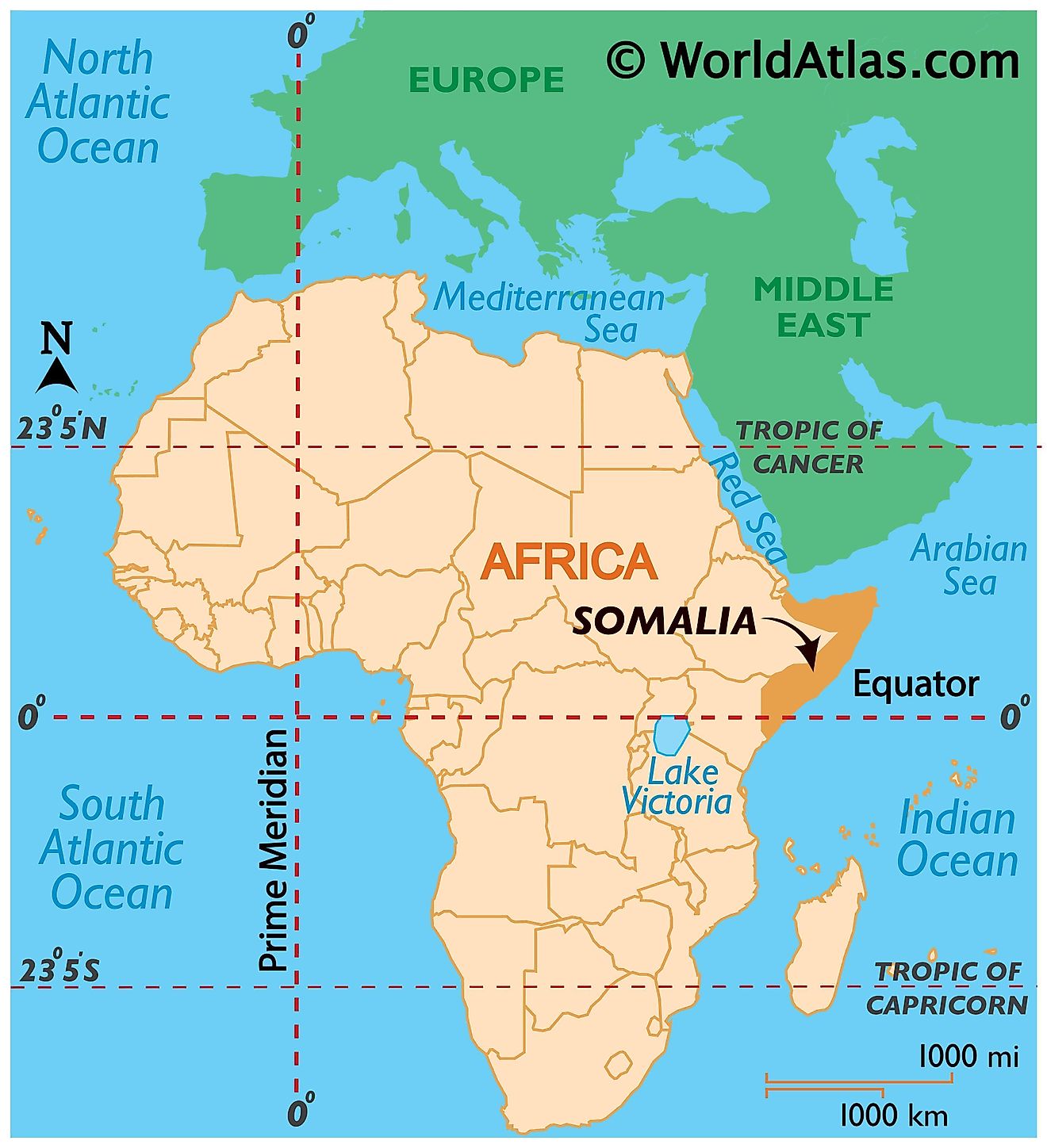 Map showing location of Somalia in the world.