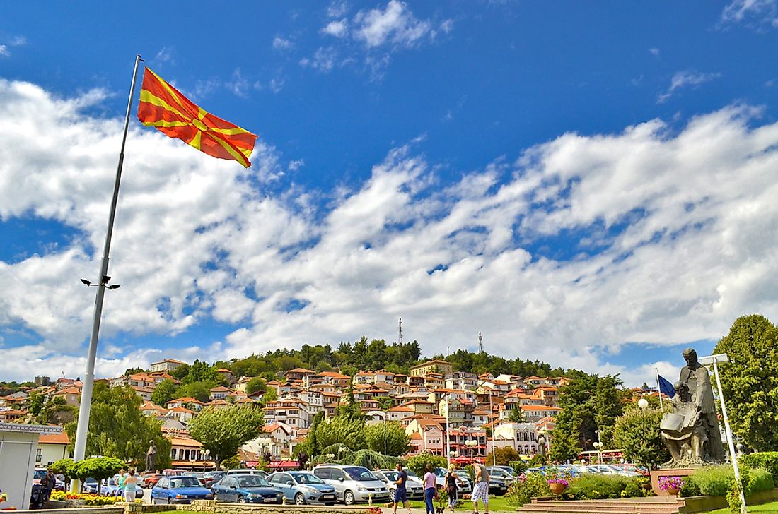 View of Ohrid, Macedonia with the Macedonian flag. 