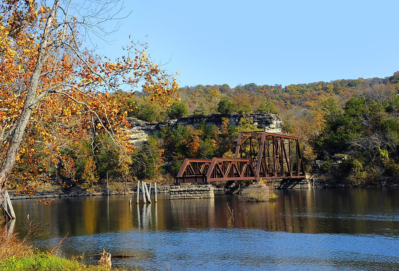 Remains of the Eureka Springs and North Arkansas Railway bridge ends in the middle of Table Rock Lake by Eureka Springs.