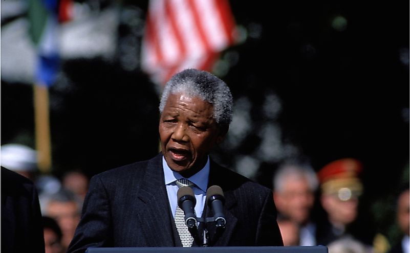 In 1994, President Nelson Mandela of South Africa delivers his speech at the White House. Editorial credit: mark reinstein / Shutterstock.com