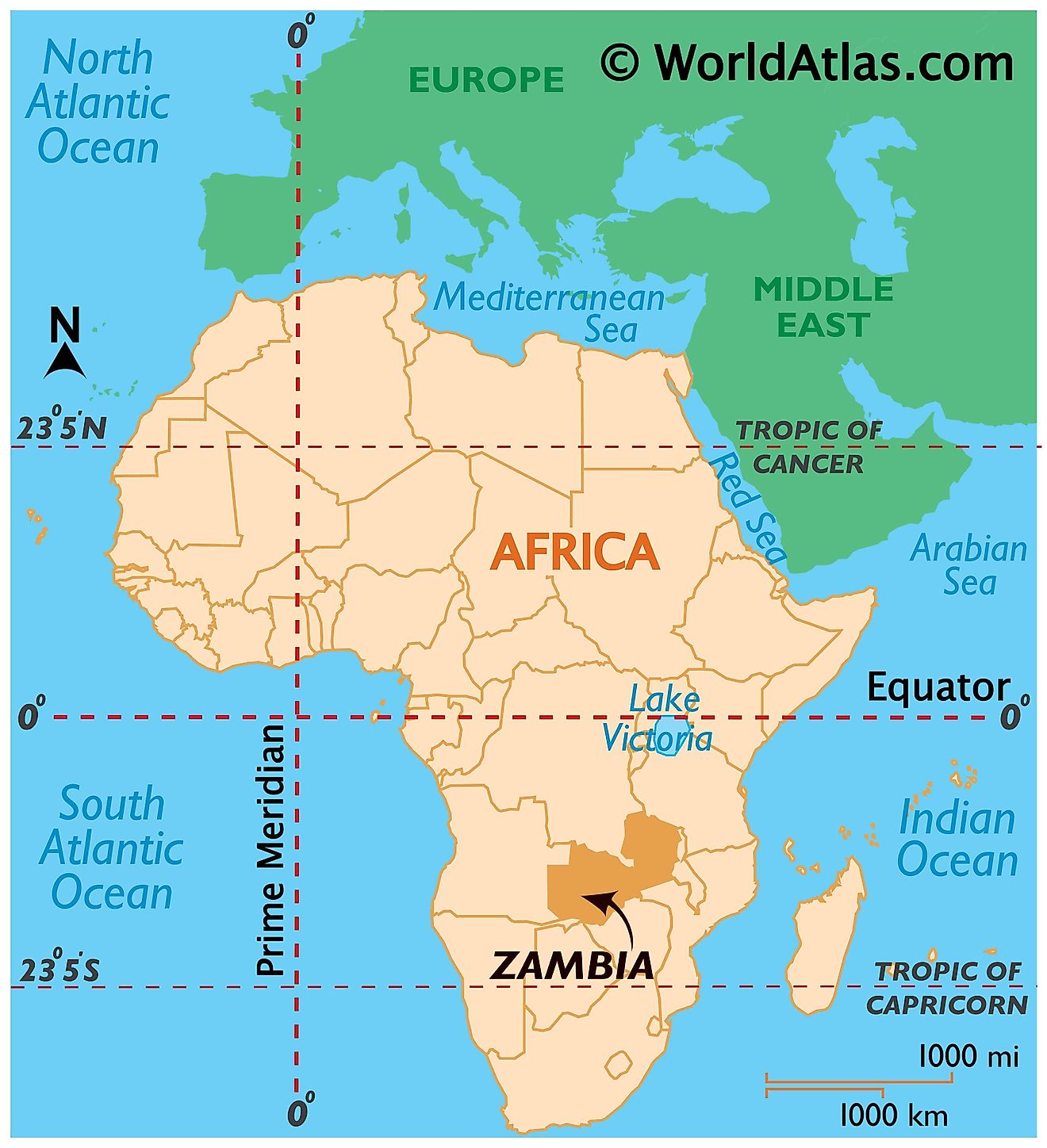 Map showing location of Zambia in the world.
