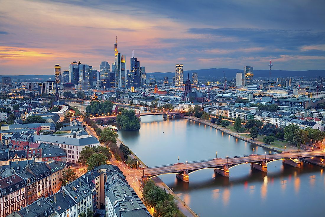 The skyline of Frankfurt with the Commerzbank Tower​ visible as the tallest building in the skyline.