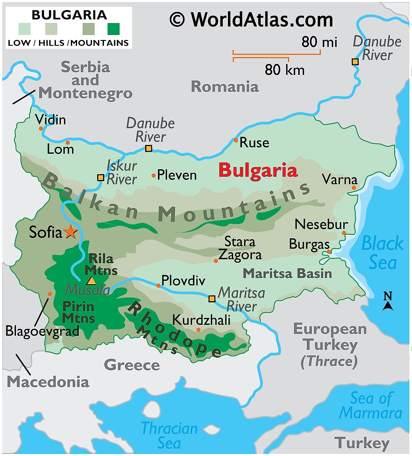 Physical Map of Bulgaria showing relief, major mountain ranges, rivers, extreme points, international boundaries, surrounding seas, important cities, etc.