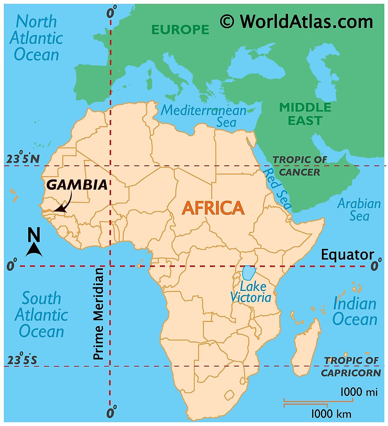 Map showing location of The Gambia in the world.