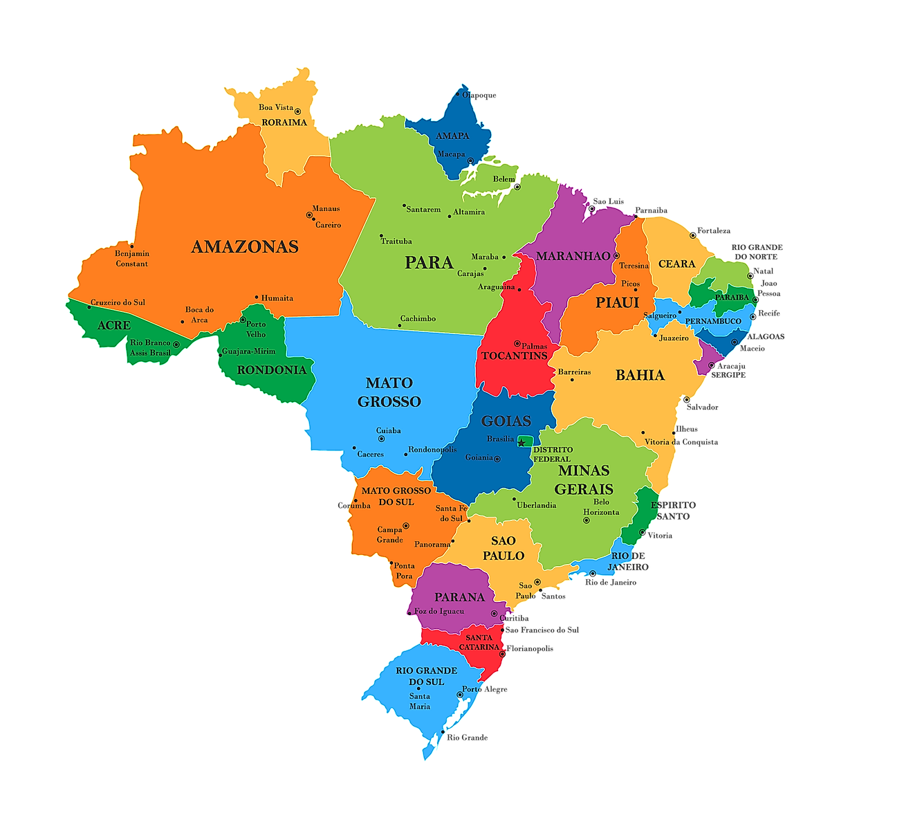 Political Map of Brazil showing its 26 states and 1 Federal District and the capital city of Brasilia