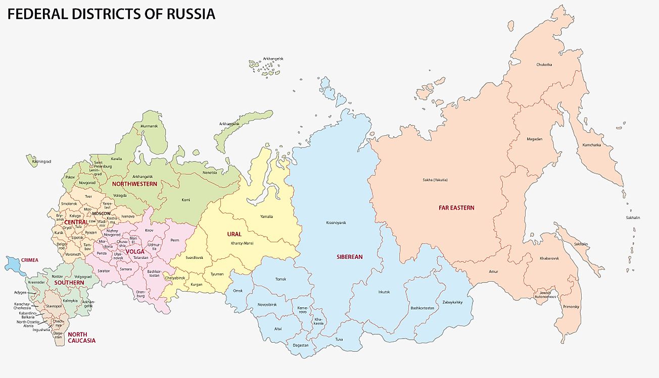 A map showing the federal districts of Russia. 