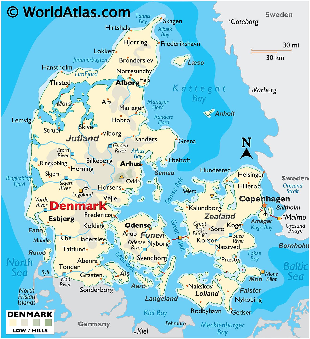 Physical Map of Denmark showing terrain, major rivers, extreme points, the Jutland Peninsula, main islands, important cities, international boundaries, etc.