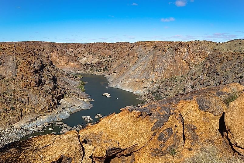 The Orange River passes through an arid gorge in Northern Cape Province near South Africa's borders with Namibia and Botswana.