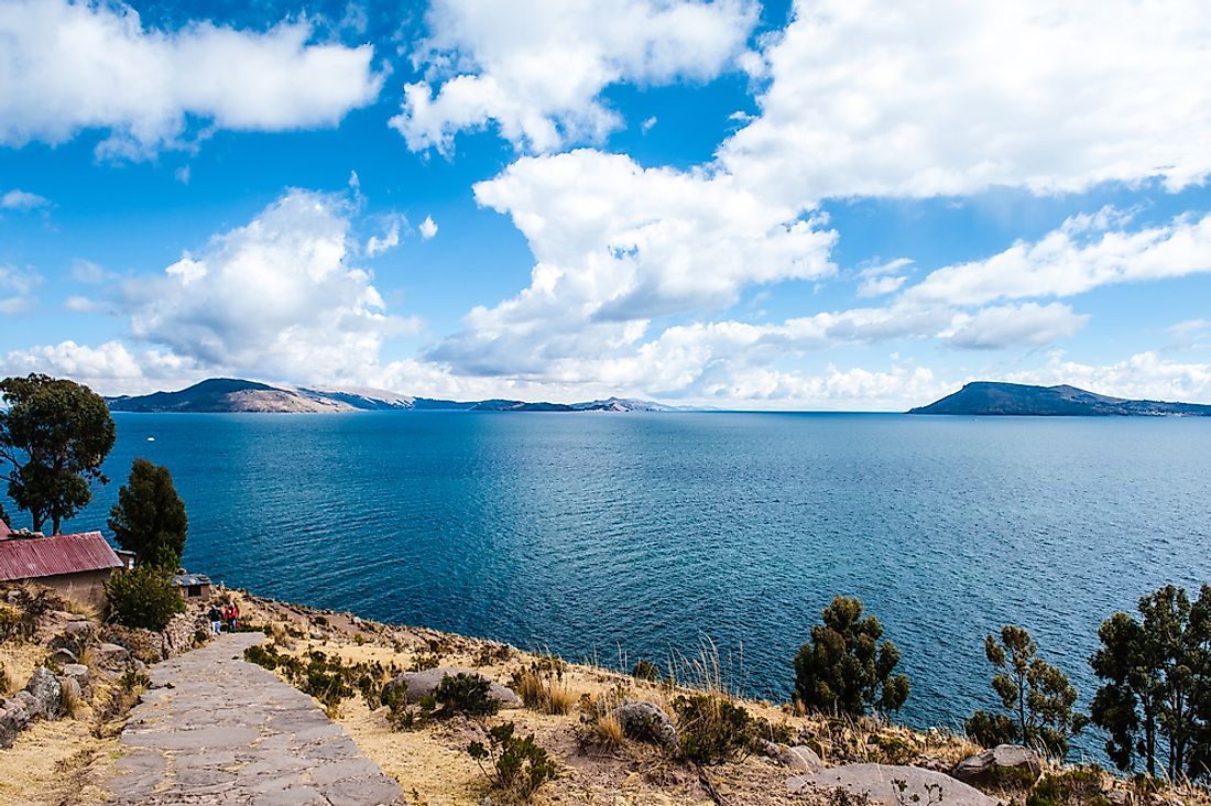 Lake Titicaca, the largest lake in South America, is shared between Peru and Bolivia. 