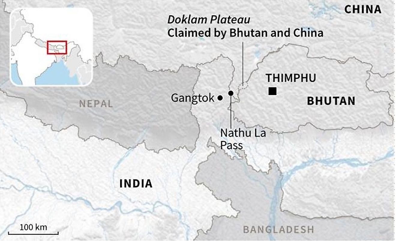 A map showing the position of the Doklam Plateau.