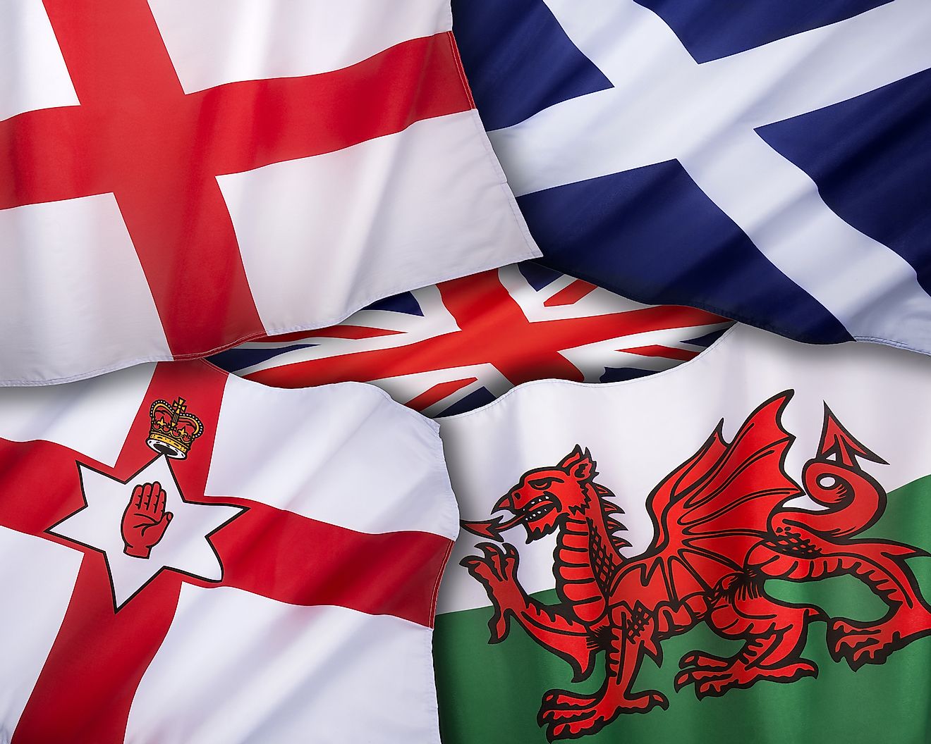 The flags of the United Kingdom of Great Britain - England, Scotland, Wales and Northern Ireland. Image credit: Steve Allen/Shutterstock.com