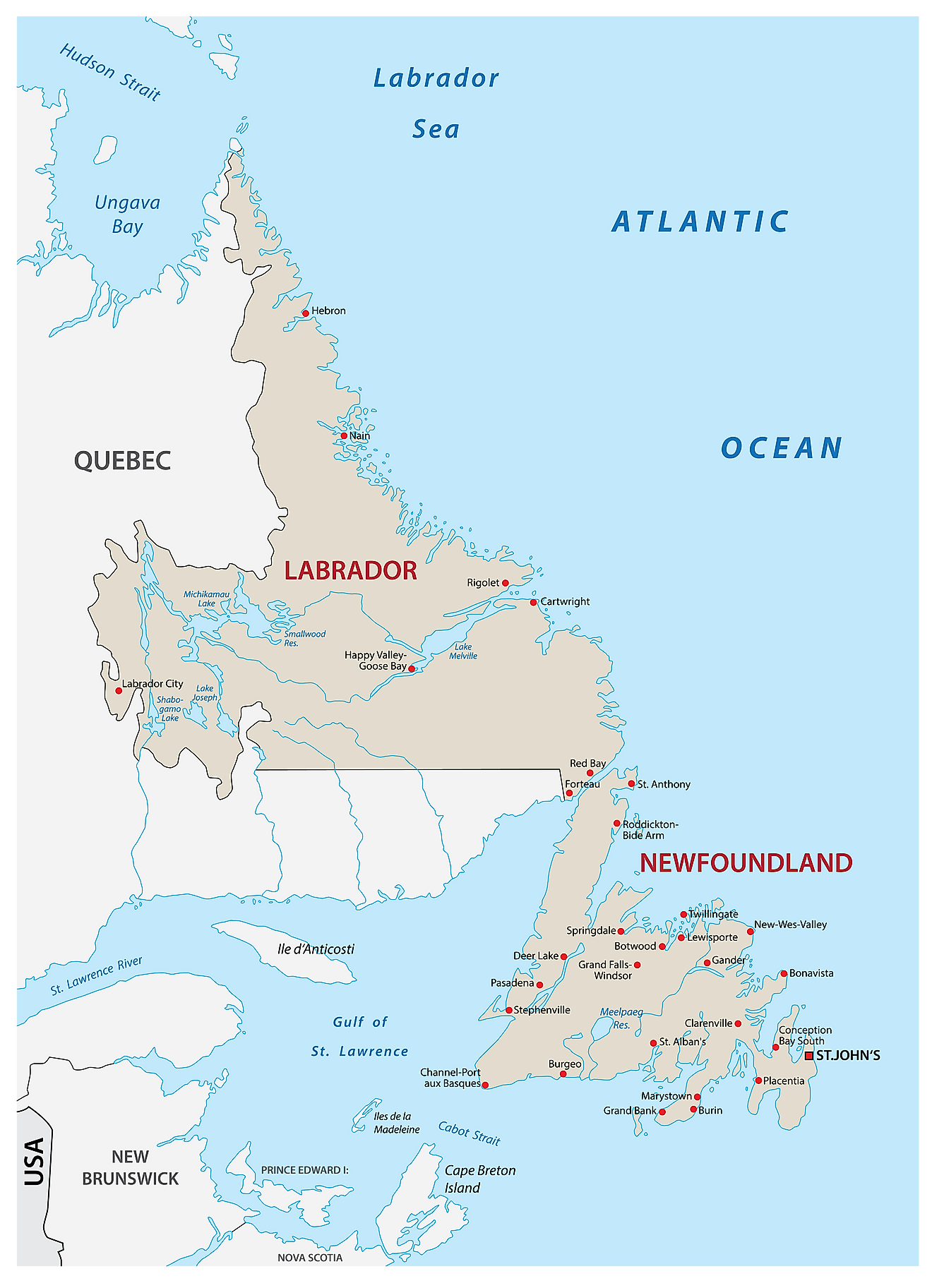 Administrative Map of Newfoundland and Labrador showing its cities/towns and its capital city - St. John's. 