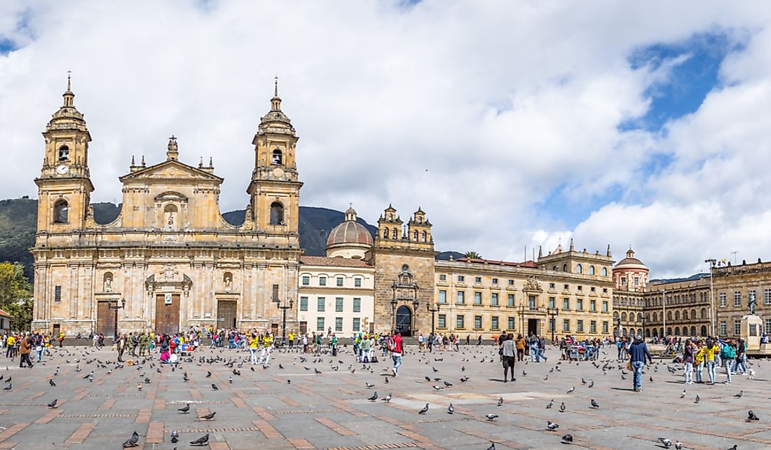 Tourists at Bolivar Square in Bogota, Colombia.