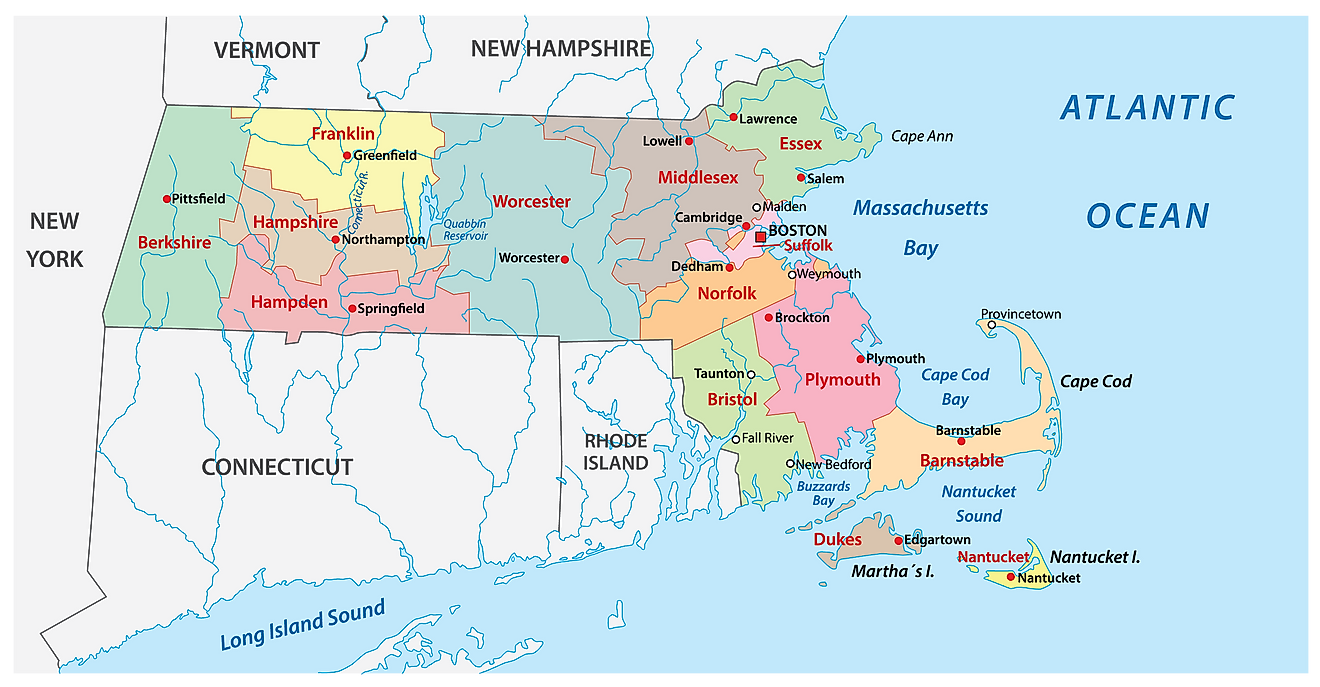 Administrative Map of Massachusetts showing its 14 counties and the capital city - Boston