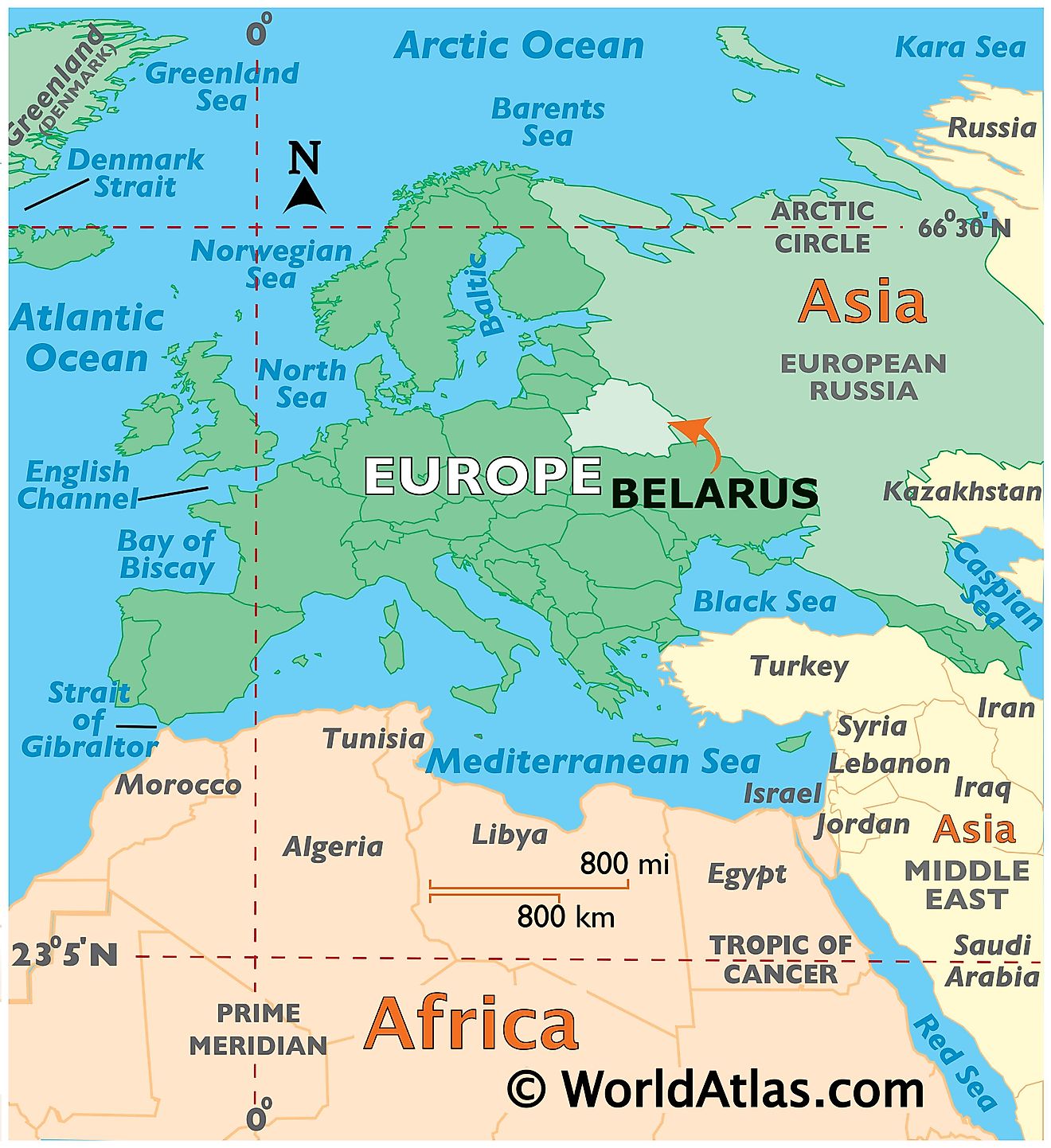 Map showing location of Belarus in the world.