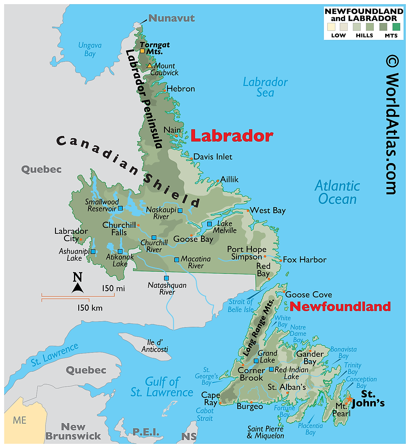 Physical Map of Newfoundland and Labrador. It shows the physical features of Newfoundland and Labrador, including mountain ranges, significant rivers, and major lakes. 