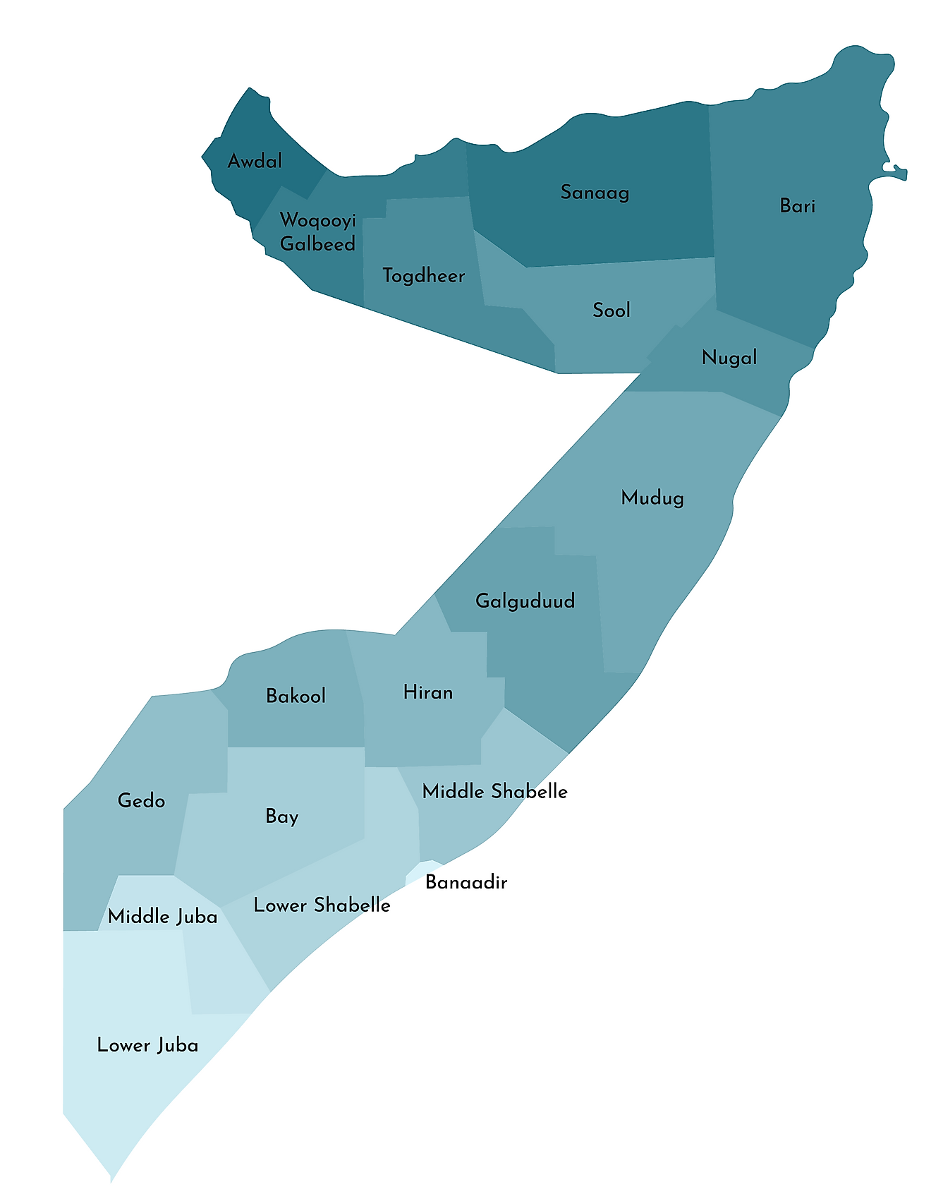 Political Map of Somalia showing the eighteen regions of the country, their capitals, and the national capital of Mogadishu.