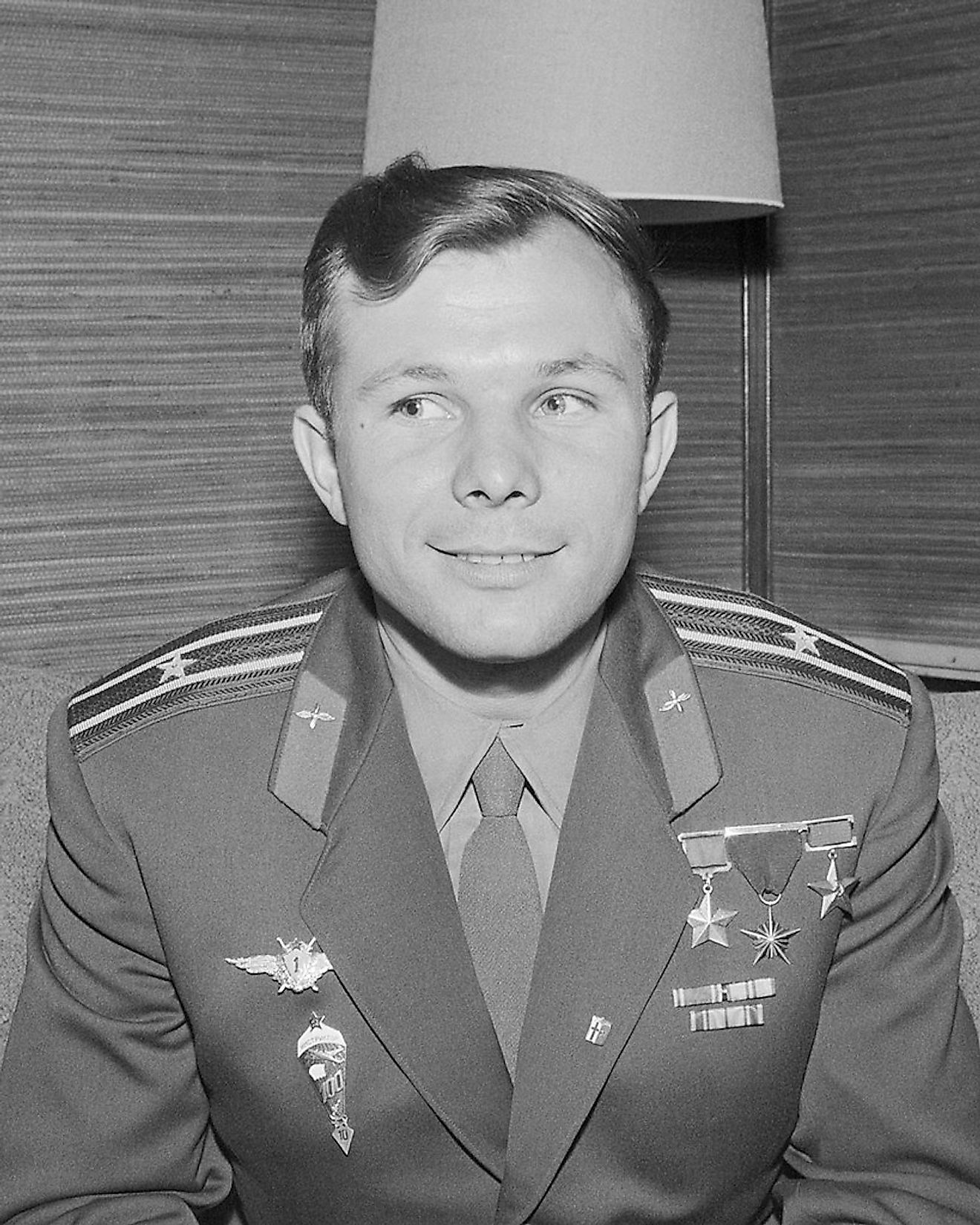Photograph of the Soviet cosmonaut Yuri Gagarin at a press conference during his visit to Finland.