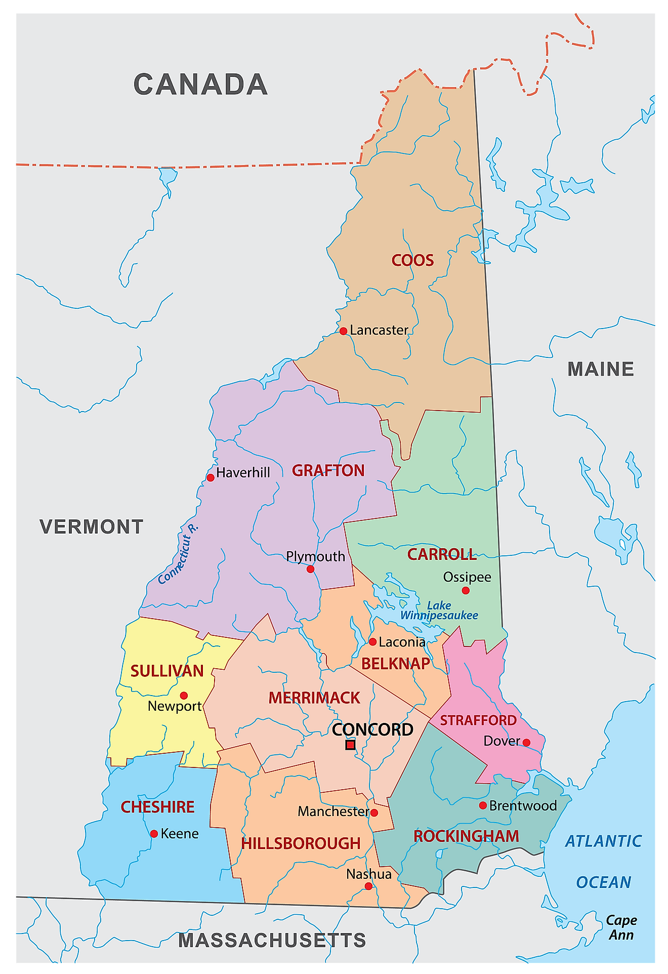 Administrative Map of New Hampshire showing its 10 counties and the capital city - Concord