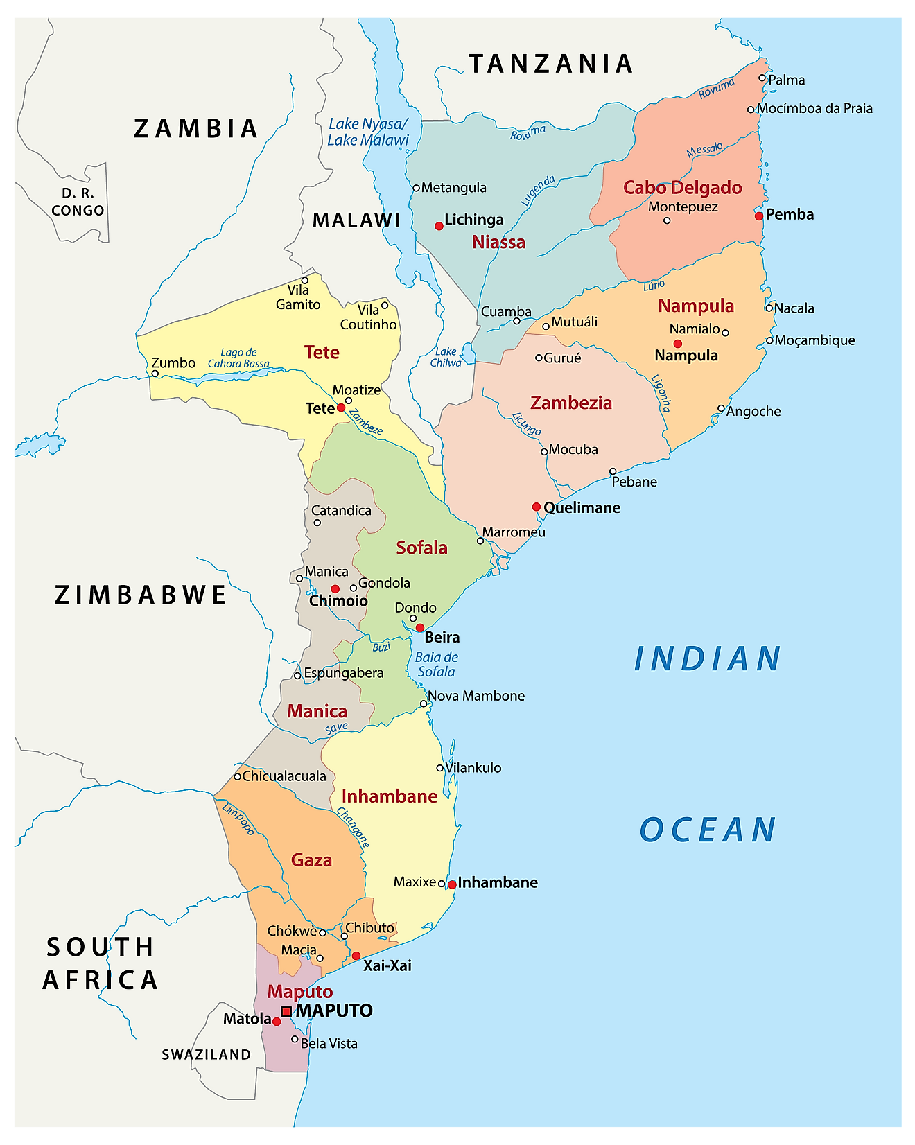 Political Map of Mozambique showing 10 provinces, their capital cities, and the national capital of Maputo.