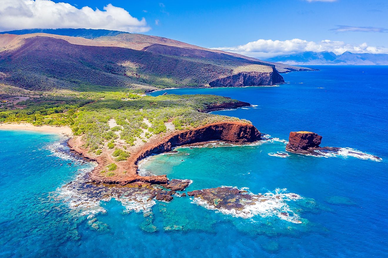 Aerial view of Lanai, Hawaii featuring Hulopo'e Bay and beach
