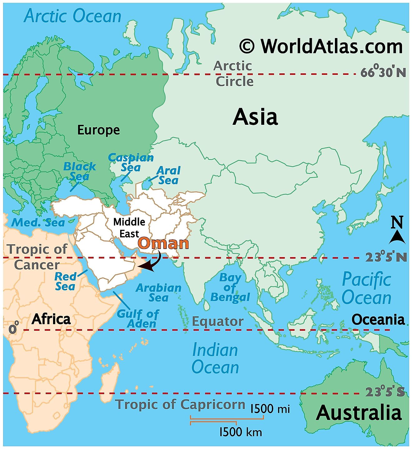Map showing location of Oman in the world.
