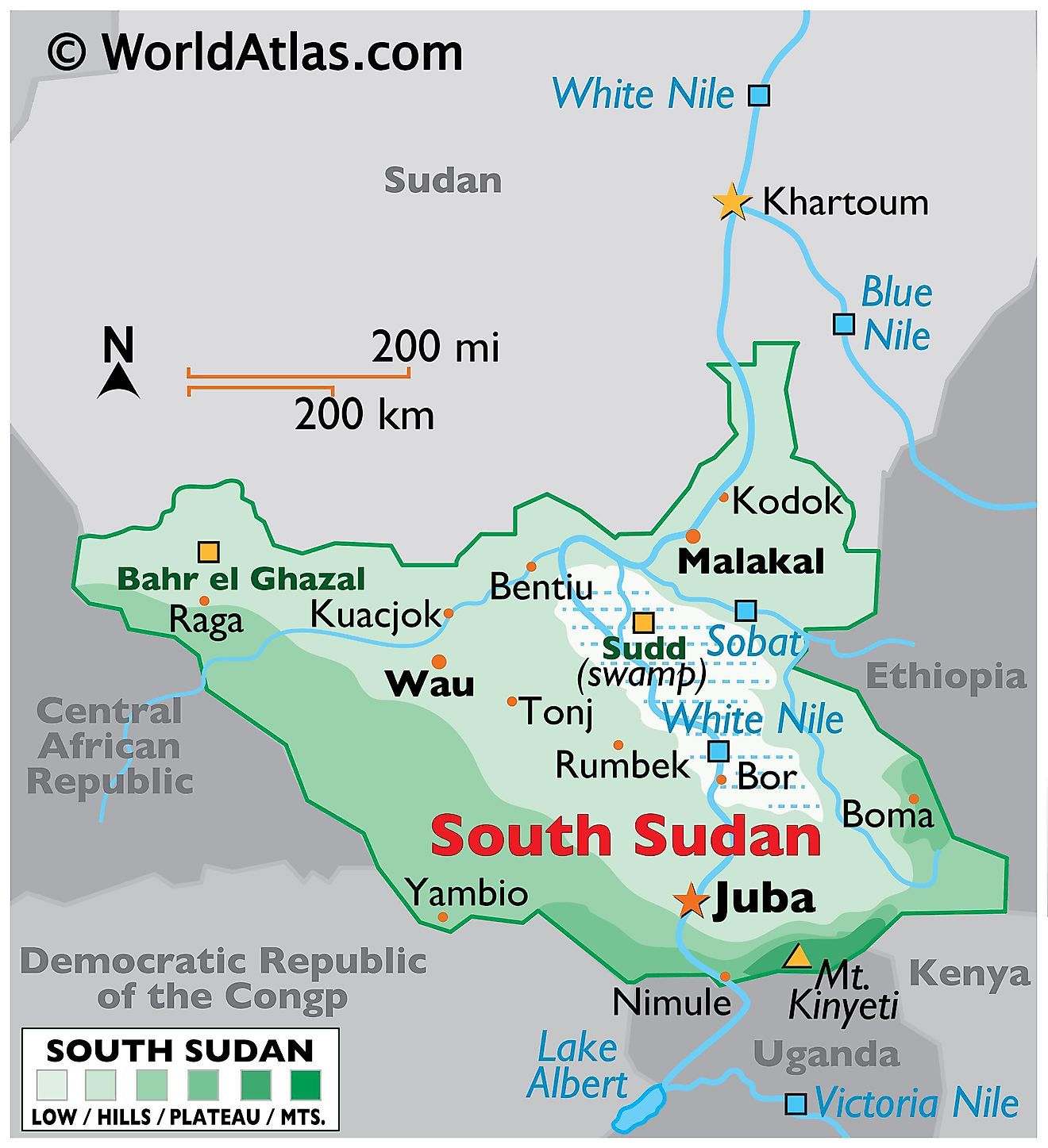 Physical Map of South Sudan with state boundaries. It exhibits South Sudan's major physical features like terrain, mountains, rivers, major and cities.