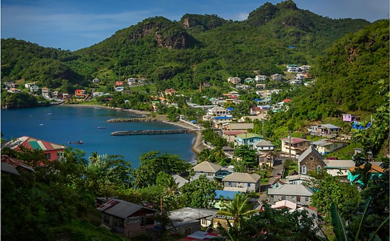 View of Barrouallie with Sea and palm trees in Saint Vincent and the Grenadines.