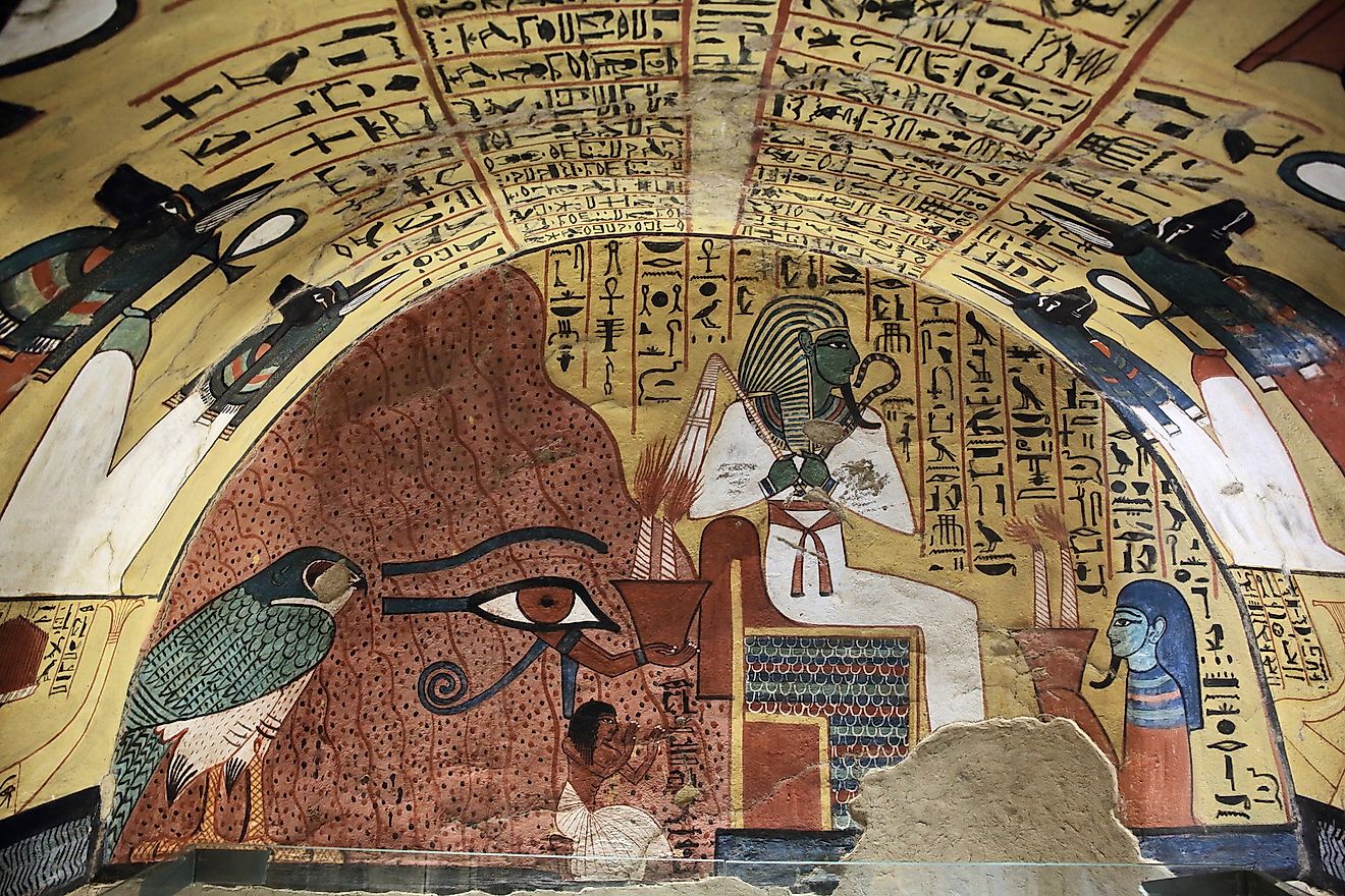 Ancient Egyptian gods and hieroglyphs in wall painting. Image credit: Vladimir Melnik/Shutterstock.com