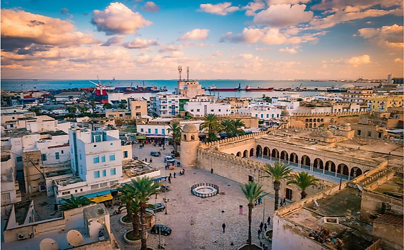Beautiful sunset in Sousse, Tunisia. Cityscape with the view on Mosque and port of Sousse. 