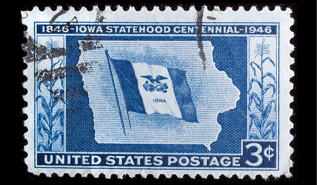 Stamp celebrating the centennial of Iowa's statehood. Editorial credit: Jeffrey B. Banke / Shutterstock.com