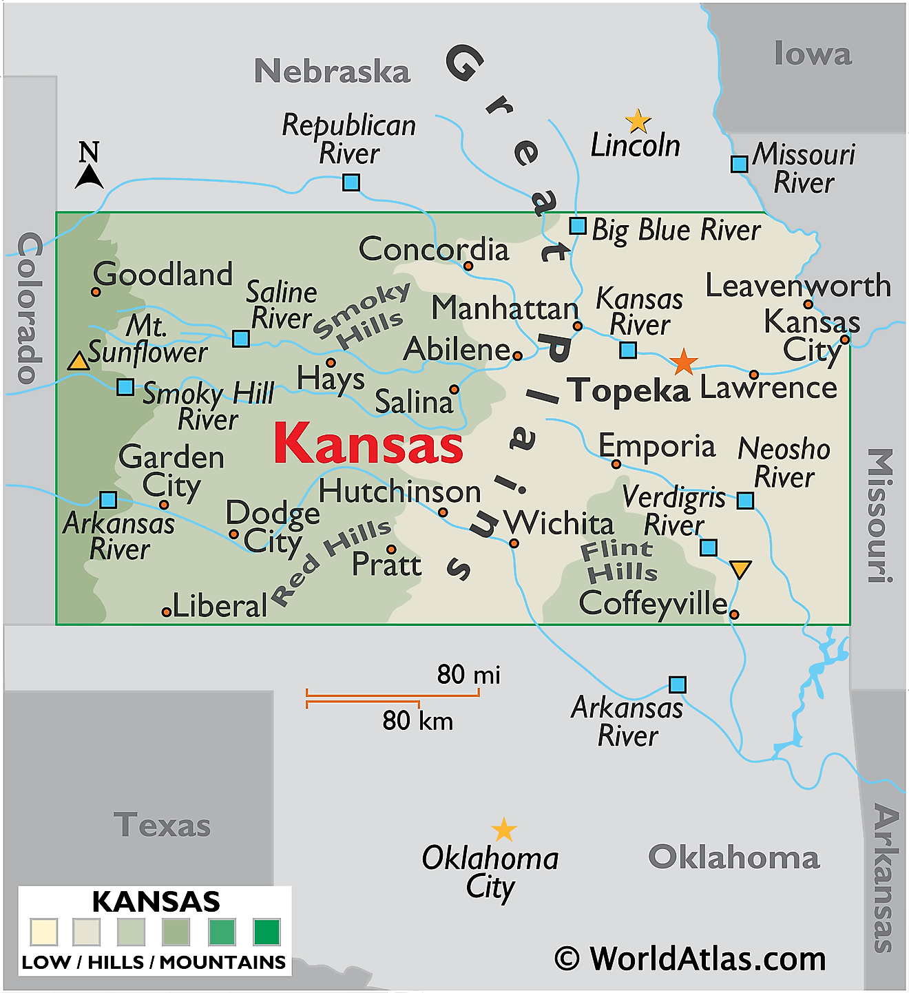 Physical Map of Kansas. It shows the physical features of Kansas including its mountain ranges and rivers. 