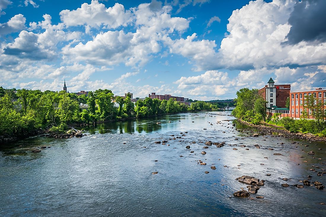 The Merrimack River in Manchester, New Hampshire. New Hampshire ranks as the safest state in the United States.