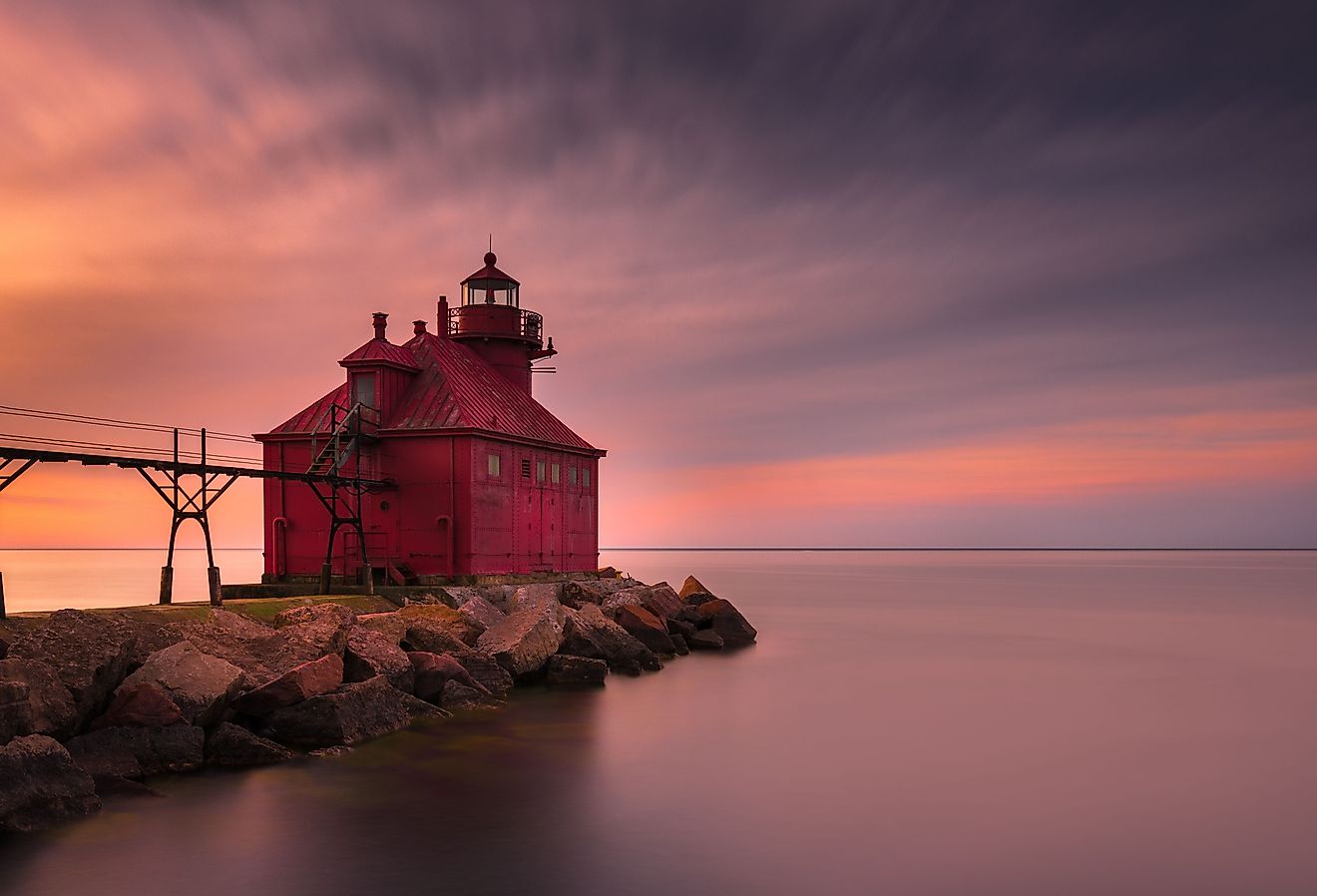 Sturgeon Bay lighthouse at sunrise on Lake Michigan, Wisconsin.
