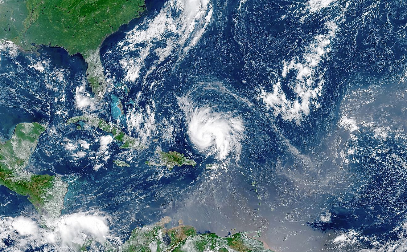 Satellite view of an hurricane approaching to USA.Elements of this image furnished by NASA. Image credit: elRoce/Shutterstock.com
